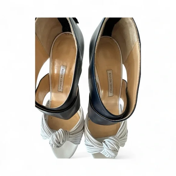 US 7.5 ❤️Made ITALY Bionda Castana‎ Blue White Leather Crossover Booties